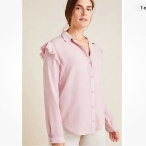 Anthropologie Cloth And Stone Pink Ruffle Long Sleeve Button Down Collared Shirt